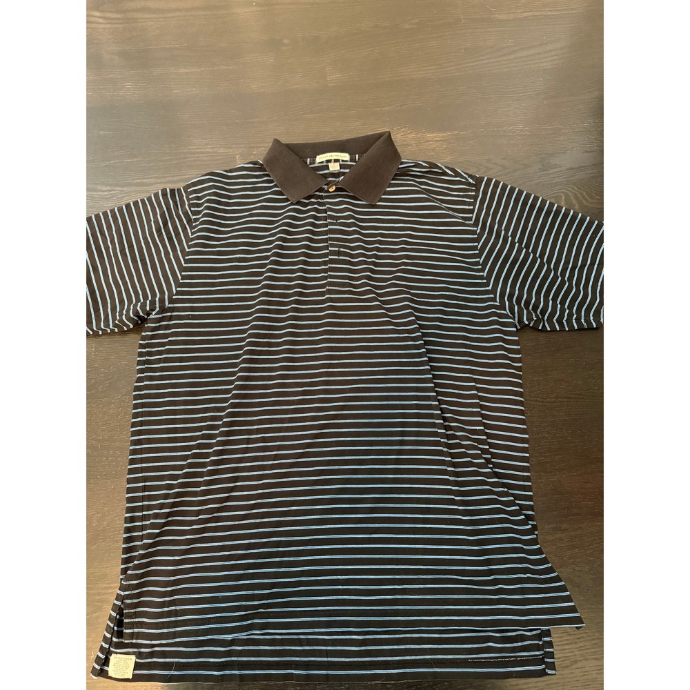 Peter Millar Polo Shirt Mens Large Black Blue Striped Short Sleeve Cotton Golf